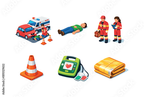 Emergency Response Icons. Emergency medical response. Isometric flat vector icons set of Emergency medical response: roadside accident scene, injured person on
