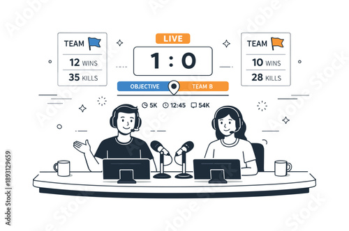 Estudio de Streaming Esports. Esports live streaming studio. A commentator desk with microphones, monitors, and simple interface graphics showing live stats.