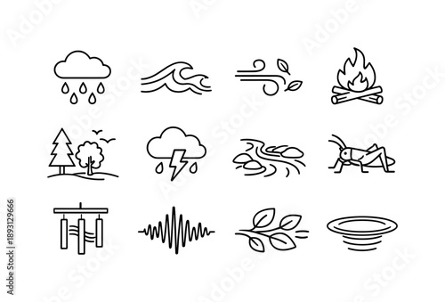 Relaxing Sound Icons. Relaxing sounds for sleep. Line icon set of Relaxing sounds for sleep: soft rain, ocean waves, gentle wind, crackling fire, forest