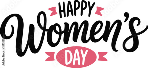 Happy Womens Day greeting with pink and black text on white background celebration