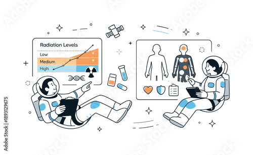 Space Health Analysis. Space health research in orbit. Astronauts observe radiation charts and simplified human silhouettes, calmly analyzing long-term effects