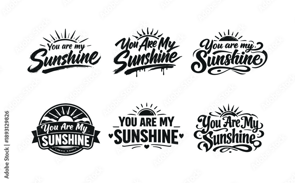 Fototapeta premium Harmonious Lettering Grid. You are my sunshine. Set lettering. harmonious lettering variations of the same emblematic concept, each with different artistic