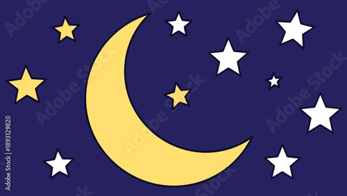 Yellow Crescent Moon with Stars Illustration.
