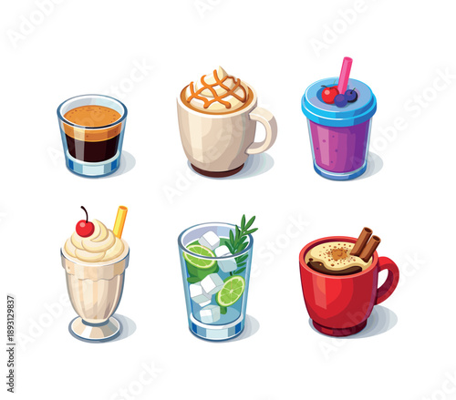Gourmet Drink Icons. Gourmet Drinks. Isometric flat vector icons set of Gourmet Drinks: espresso shot glass, caramel latte cup, berry smoothie tumbler, vanilla