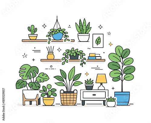 Minimalist Indoor Plant Decor. Indoor plant decor. Potted houseplants arranged neatly on shelves and floor, creating a calm and cozy living space atmosphere.