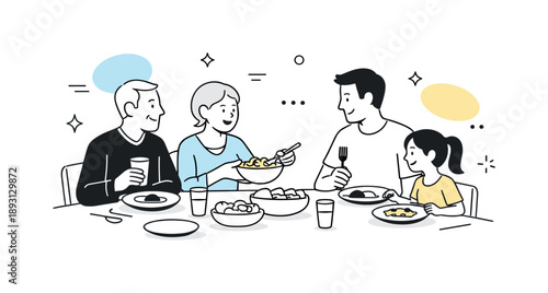 Family Dinner Harmony. Having dinner with family. Family members sitting around a dining table, sharing a meal and talking calmly together. Warm everyday