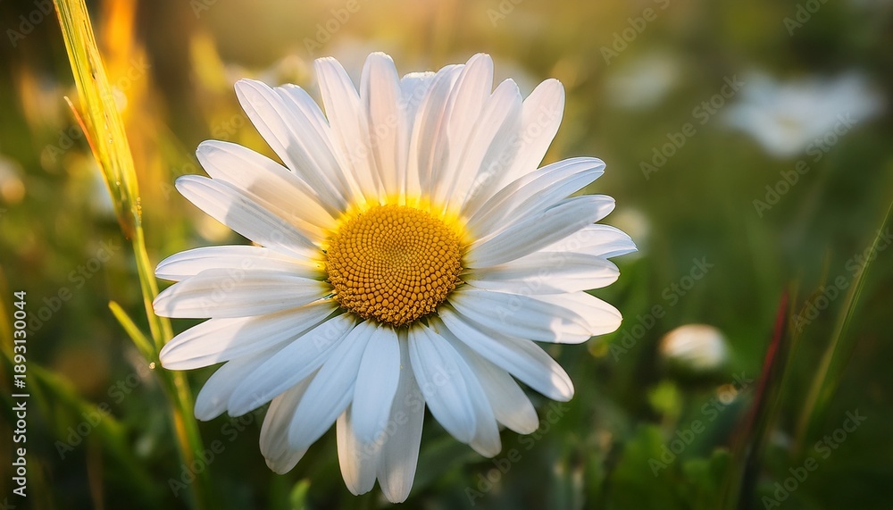 Obraz premium A Close Up Of A Daisy Flower With White Petals And A Bright Yellow Center Blooming Amidst Green Grass And Natural Surroundings The Delicate Details Of The Flower Stand Out Against The Earthy Backgro