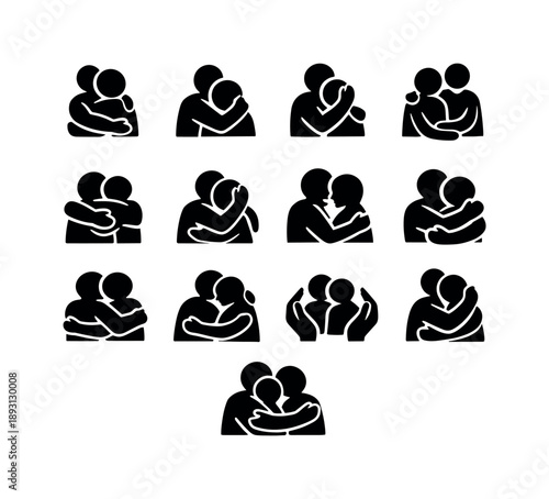 Comforting Embrace Icons. Comforting embrace. Solid icon set of comforting embrace: gentle hug, emotional comfort, caring support, close contact, sympathy hug,