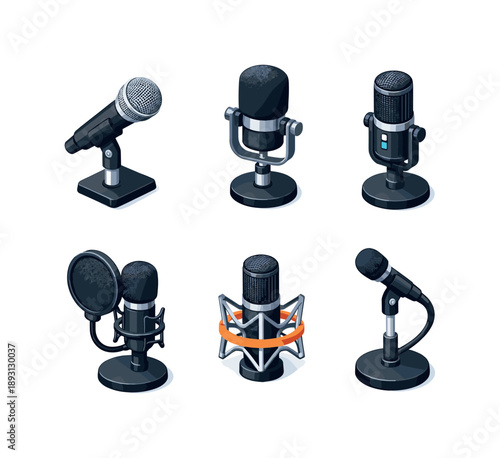 Isometric Microphone Icons. Audio mic. Isometric flat vector icons set of audio mic: stage microphone, broadcast microphone, USB microphone, microphone with