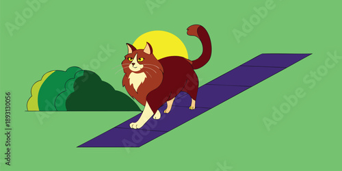 Playful Cartoon Ginger Cat Strolling on Purple Rooftop with Green Background Art