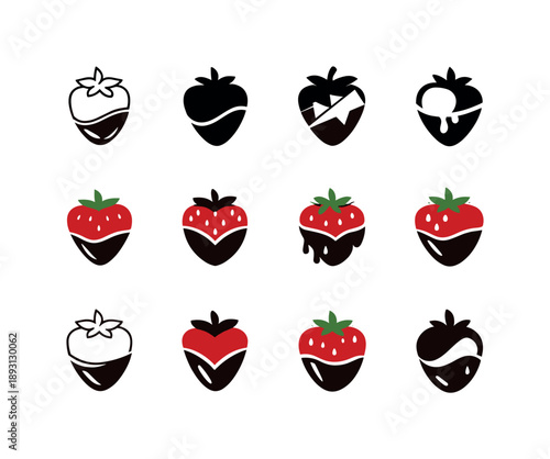 Chocolate Strawberry Icons. Chocolate-dipped strawberries. Icon set. Set Logo of Chocolate-dipped strawberries: strawberry half dipped in chocolate. harmonious
