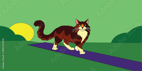 Cute Cartoon Cat Stretching on Yoga Mat Outdoors in the Warm Sun