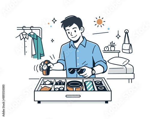 Morning Accessory Selection. Morning routine efficiency. A person quickly choosing accessories from an organized drawer, confident start of the day and reduced