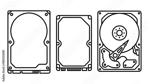 Hard disk drive storage computer data technology in top view with outline line art