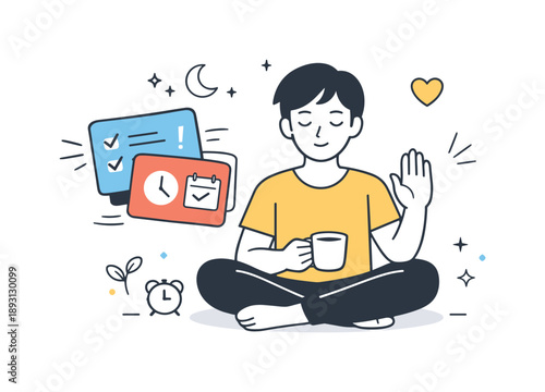 Politely Guarding Boundaries. Saying no to protect personal time. A friendly scene where a person politely gestures ?no? to overlapping task cards, maintaining