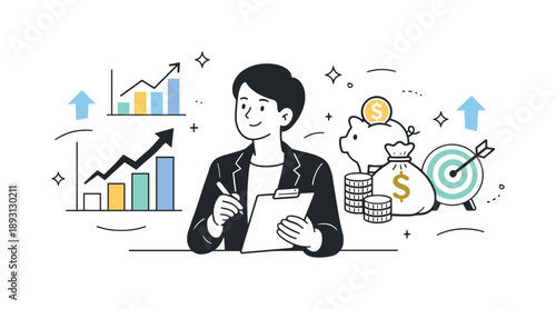 Charting Financial Success. Financial success. A confident person reviews growing charts and savings icons, symbolizing stability and achievement. The scene