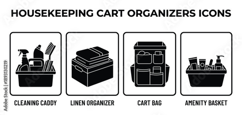 Housekeeping cart organizers vector icons illustration with cleaning, linen and amenity accessories