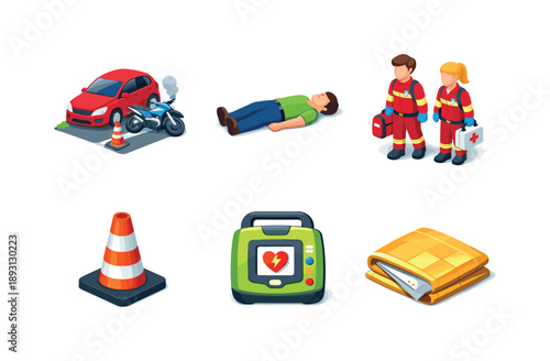 Emergency Response Icons. Emergency medical response. Isometric flat vector icons set of Emergency medical response: roadside accident scene, injured person on