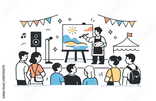 Cultural Festival Painting. Live painting at a cultural festival. An artist paints on stage as people gather, some chatting, some watching closely. The