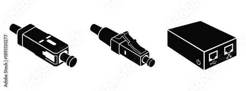 Isometric media converter network switch ethernet optical fiber connection adapter vector illustration