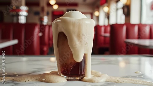A scoop of vanilla ice cream overflows a glass of soda