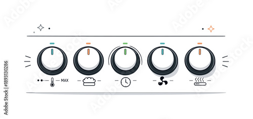 Sleek Kitchen Interface. Modern kitchen control panel. Several oven knobs aligned neatly on a minimal appliance surface. The scene communicates order, design