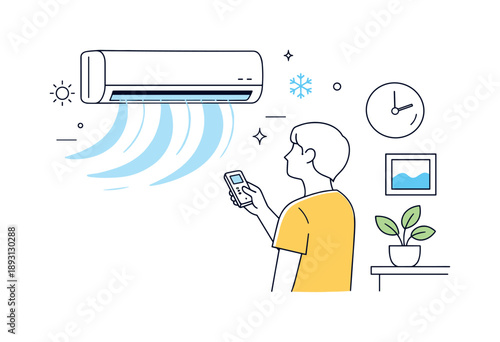 Cooling Comfort Control. Air conditioning and cooling. A person adjusting a wall-mounted air conditioner in a bright room, cool airflow visualized with gentle