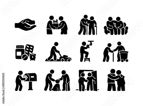 Elderly Assistance Icons. Assisting elderly neighbors. Solid icon set of Assisting elderly neighbors: helping hand, grocery delivery, walking support, friendly