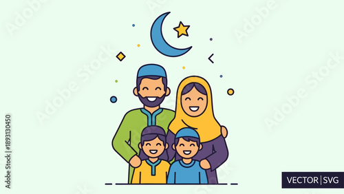 Illustration of Muslim Family with Crescent Moon.