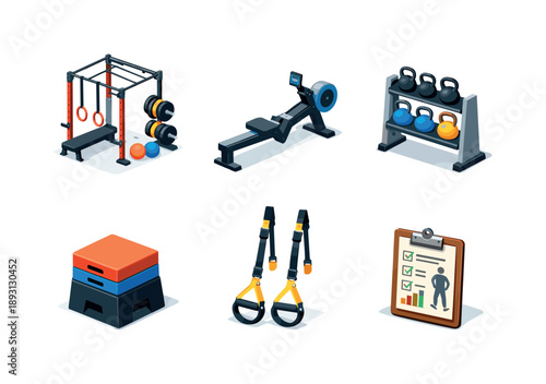 Fitness Equipment Icons. Total Body Fitness. Isometric flat vector icons set of Total Body Fitness: circuit training station, rowing machine, kettlebell rack,