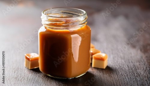 Glass Jar Of Freshly Cooked Homemade Caramel Sauce