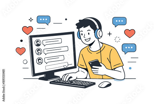 Social Media Engagement. Social media engagement. Creator replying to comments on a screen, happy expression, floating icons of messages and likes around.
