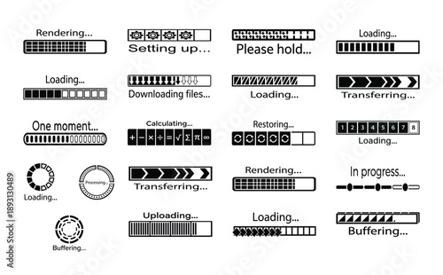 Set of black and white vector progress bars and loading icons for various actions