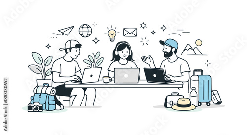 Remote Team Collaboration. Digital nomad teamwork. A group collaborating on laptops in a bright co-working space with plants and travel gear around. Scene