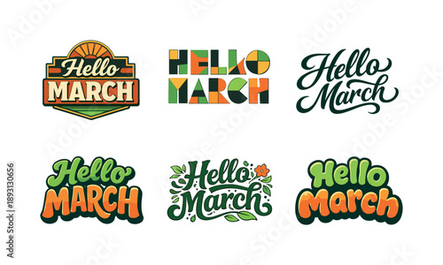 March Lettering Styles. Hello March social post lettering. Set lettering. harmonious lettering variations of the same emblematic concept, each with different