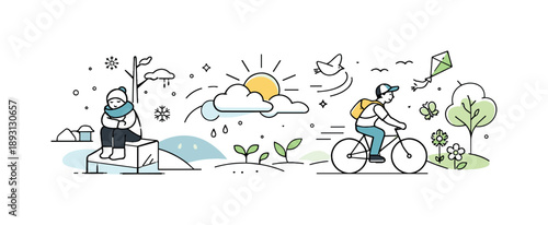 Seasonal Energy Awakening. Seasonal energy transition. Abstract elements gradually gaining movement and openness, symbolizing the shift from winter stillness