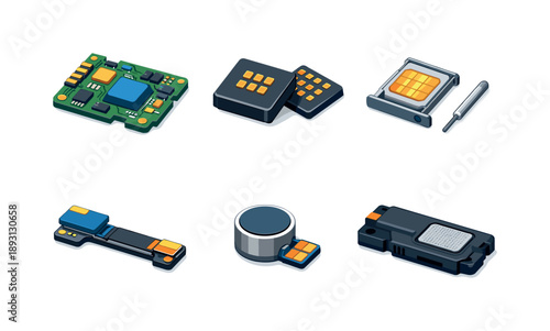 Smartphone Technology Icons. Smartphone technology. Isometric flat vector icons set of Smartphone technology: smartphone motherboard layout, memory storage
