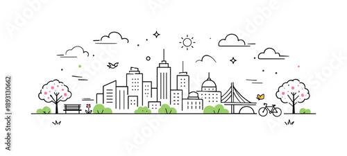 Spring City Silhouette. Spring city skyline silhouettes. Clean minimal skyline with simplified buildings and soft spring accents, expressing calm urban life