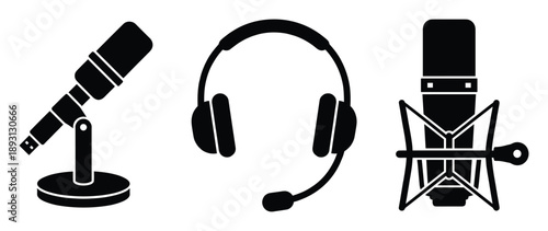 Set of microphones and headphones for recording audio podcast streaming and broadcasting
