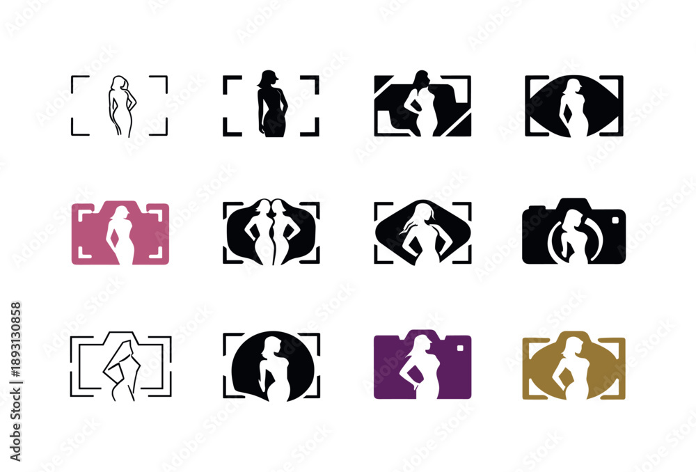 Fototapeta premium Fashion Photography Icons. Fashion photography. Icon set. Set Logo of Fashion photography: camera framing a model silhouette. harmonious logo variations of the