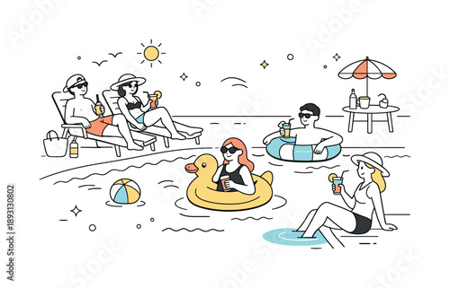 Poolside Relaxation. Poolside spring break. People lounging near a pool with drinks and inflatable floats. The illustration communicates leisure, sunshine, and