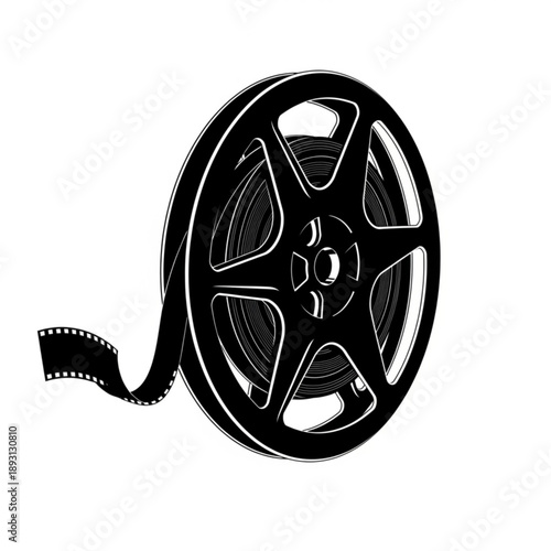 Black and white illustration of a film reel with unrolled film strip