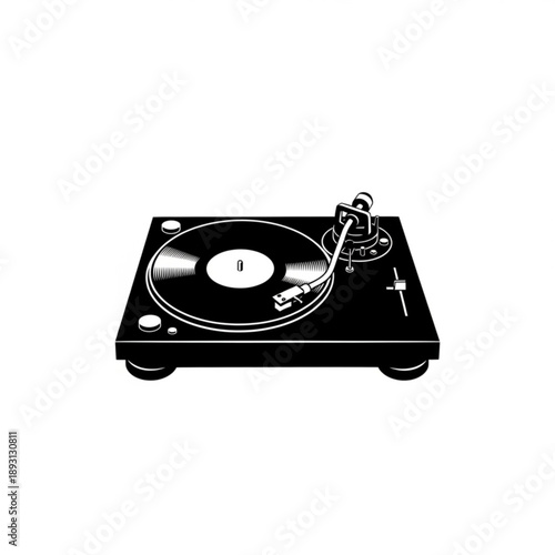 A black and white illustration of a vinyl record player