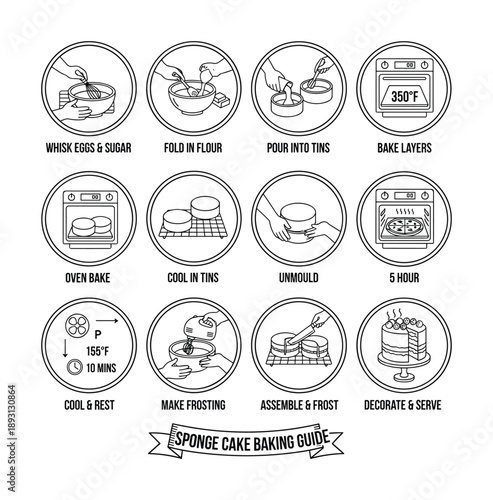 Sponge cake baking guide recipe instruction vector icon set isolated on transparent background for web design