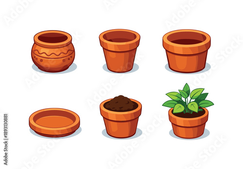 Clay Garden Pots Icons. Clay Garden Pots. Isometric flat vector icons set of Clay Garden Pots: handmade clay pot, tapered terracotta pot, wide rim plant pot,