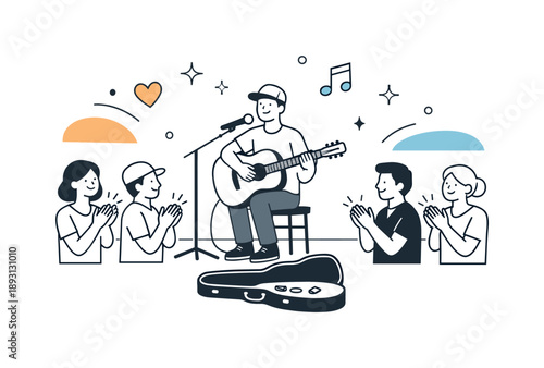 Street Music Vibe. Street music performance moment. Audience applauding softly after the song, warm appreciation and shared experience with abstract decorative