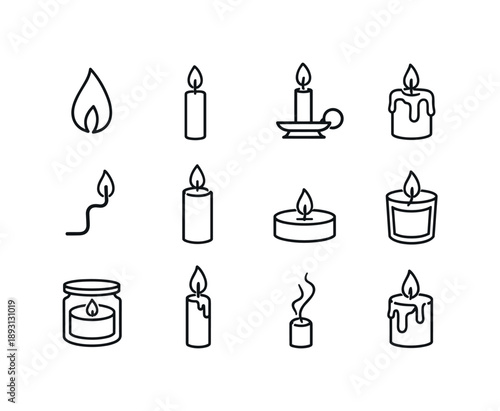 Candle Icons Collection. Candle. Line icon set of Candle: candle flame, wax candle, candle holder, melting wax, wick, pillar candle, tea light, votive candle,
