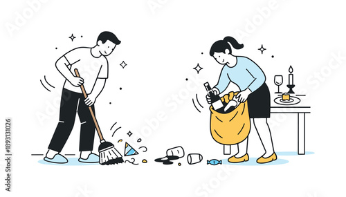 Holiday Cleanup Illustration. Holiday mess cleanup. Sweeping floors and collecting leftovers from festivities, peaceful return to everyday life. Minimal home