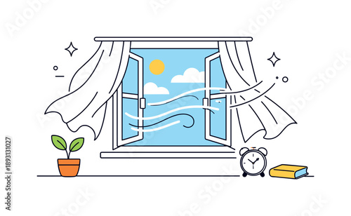 Breezy Minimalist Interior. Fresh air through open window. Minimal interior scene with open window and flowing curtains, conveying lightness, comfort and
