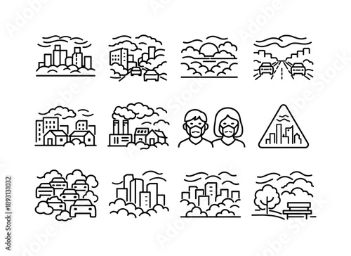 Smoggy Urban Icons. Smoggy Urban Scenes. Line icon set of Smoggy Urban Scenes: skyline with haze, dense smog on streets, sunset behind pollution, haze over
